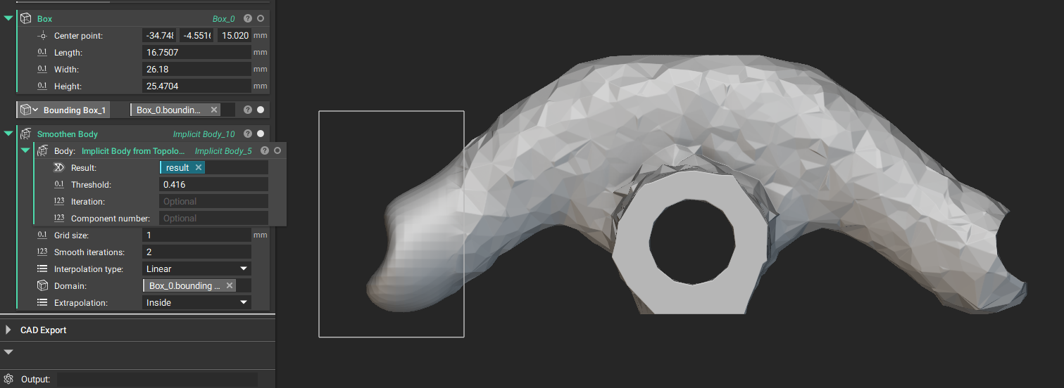 The Smoothen Body block with the Extrapolation set to inside. Only the area inside the bounding box domain is smooth.