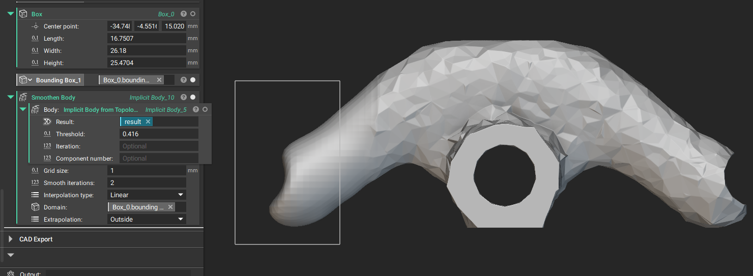 The Smoothen Body block with the Extrapolation set to outside. the area outside the bounding box domain is smooth.