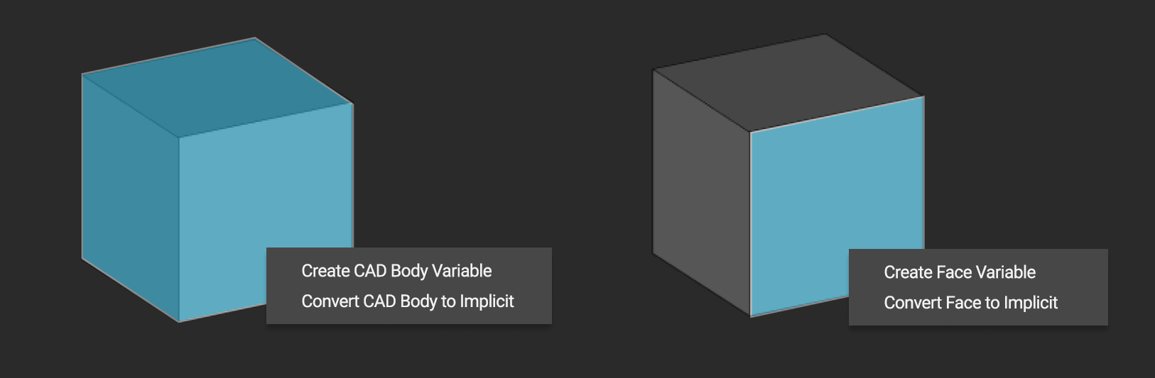 You can now right click on the face of a CAD body and convert the face into an implicit body