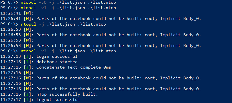 An image of the command line window showing the output of using the verbose commands in nTopcl