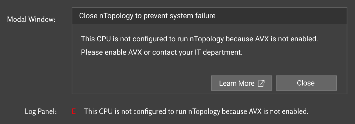 a new modal window that will warn you if your CPU is not configured to run nTopology due to AVX not being enabled