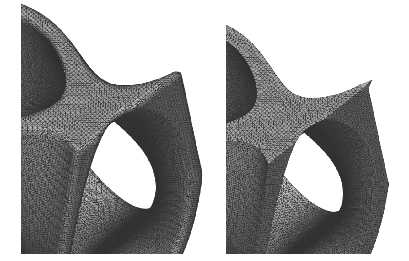 The left image shows a mesh without sharpening enabled. The right image shows the same mesh with sharpening enabled.