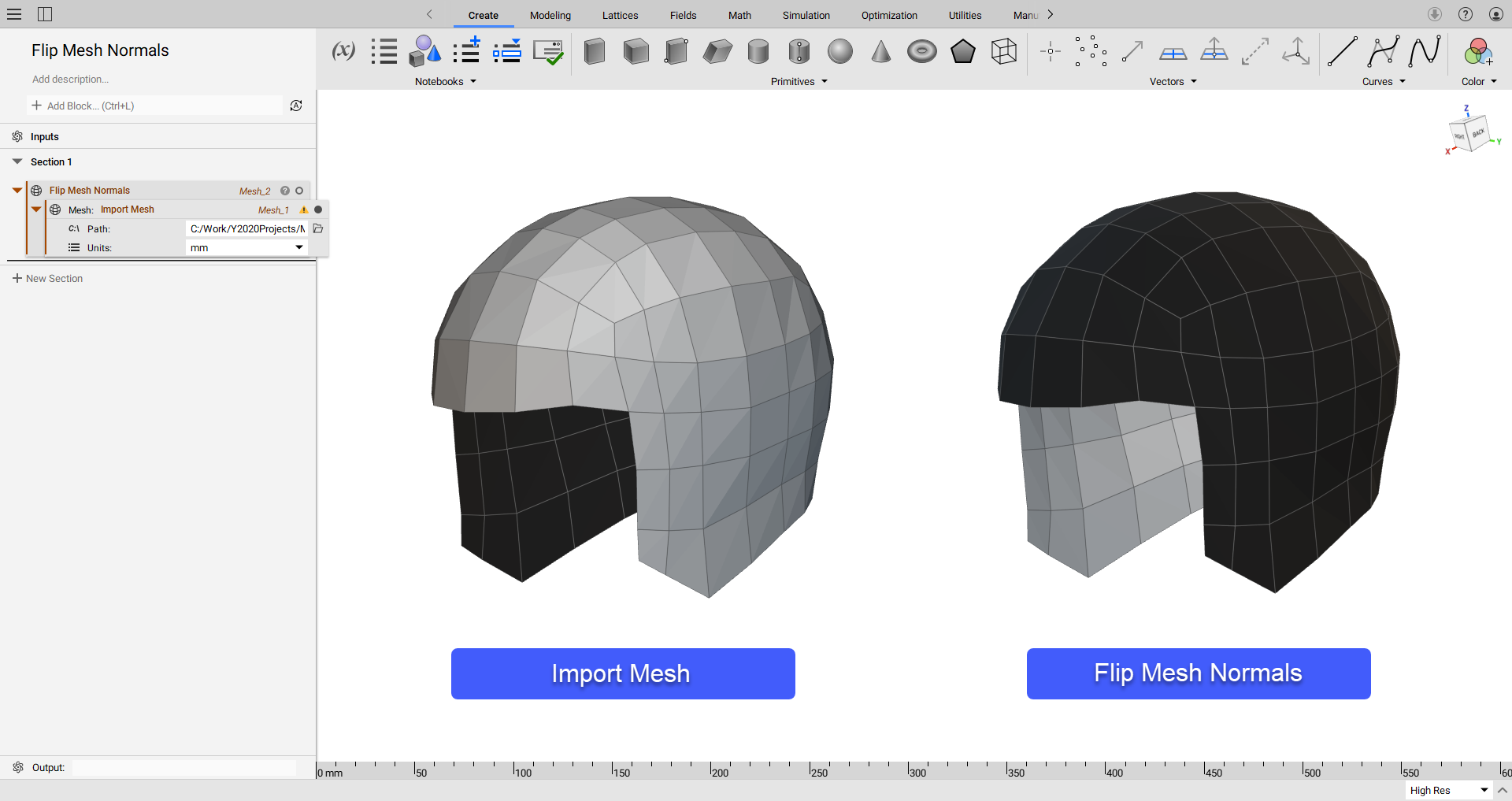 An example of how the Flip Mesh Normals block inverts mesh faces.