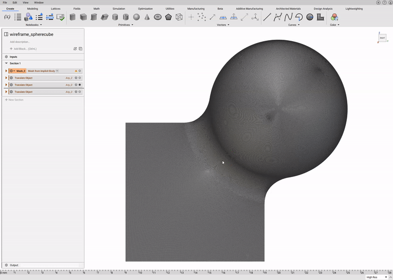 Zooming out on a wireframe mesh before nTop 4.0. The visualization isn't very good as the mesh gets dark.