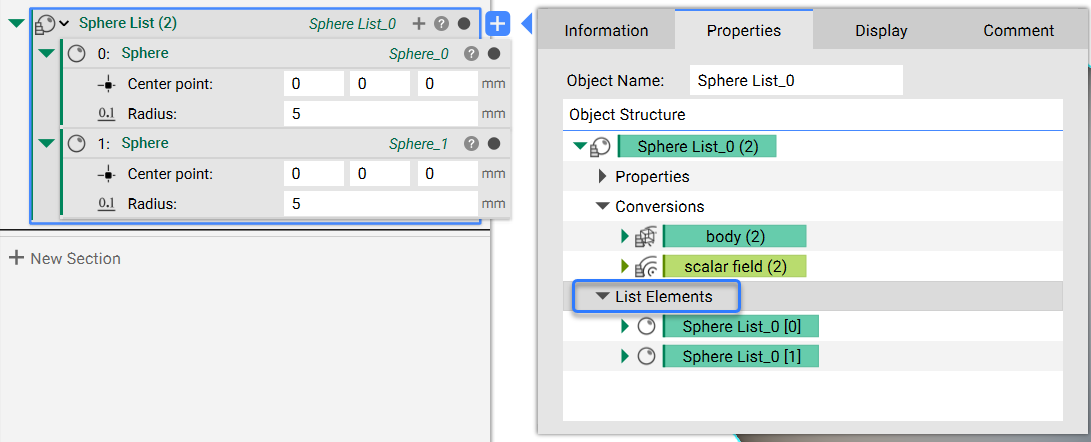 A sphere block with its properties panel open. The properties are now split into three categories, Properties, Conversions, and List Elements.