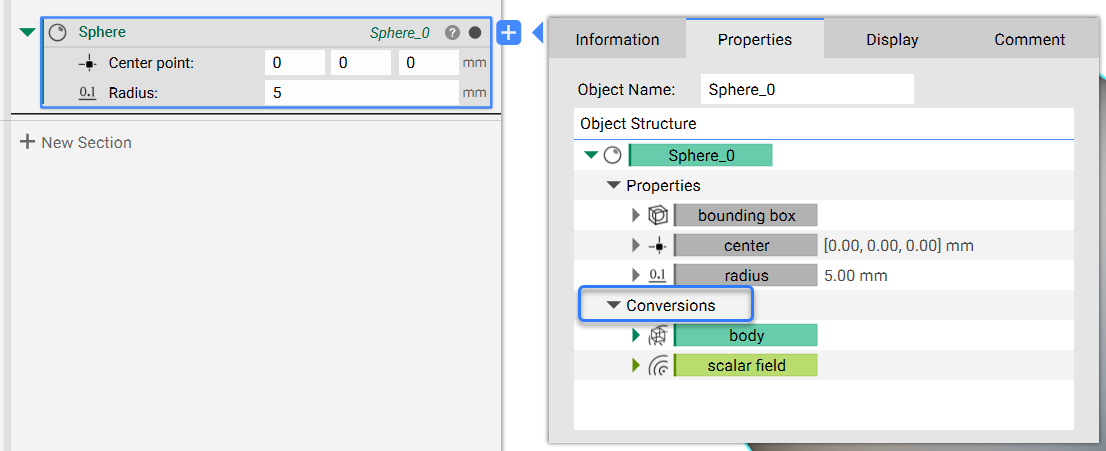 A sphere block with its properties panel open. The properties are now split into two categories, Properties and Conversions.