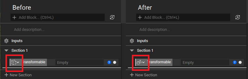 A before and after image showing the old Transform block icon and the new one.