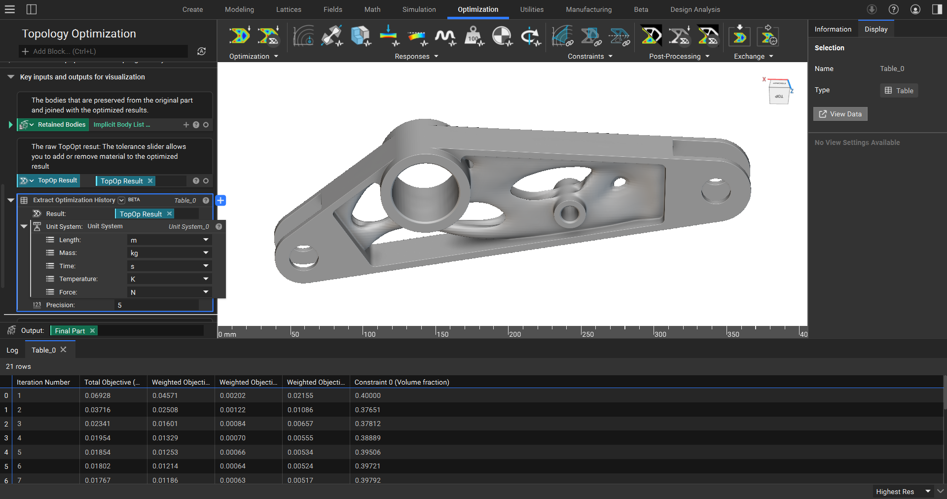 An example of using the Extract Optimization History block to extract objective and constraint values for every iteration of a Topology Optimization.
