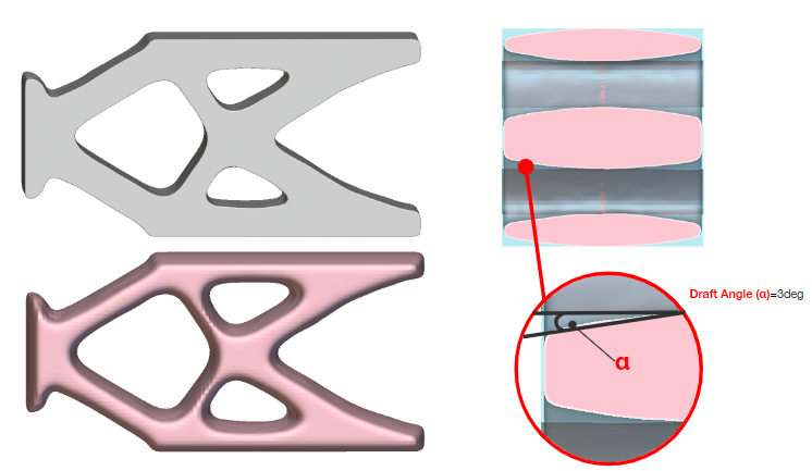 A diagram showing the difference between an implicit body with the Add Draft block applied and the same body without it. The Add Draft block applies a draft angle to the bodies edges.