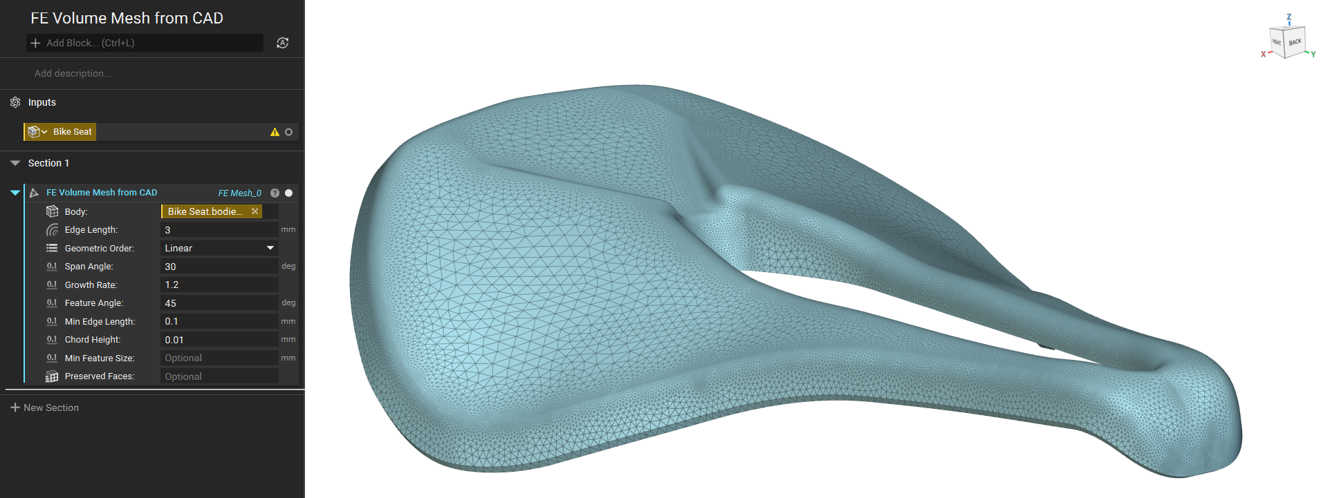 A mesh generated using the FE Volume Mesh from CAD block.