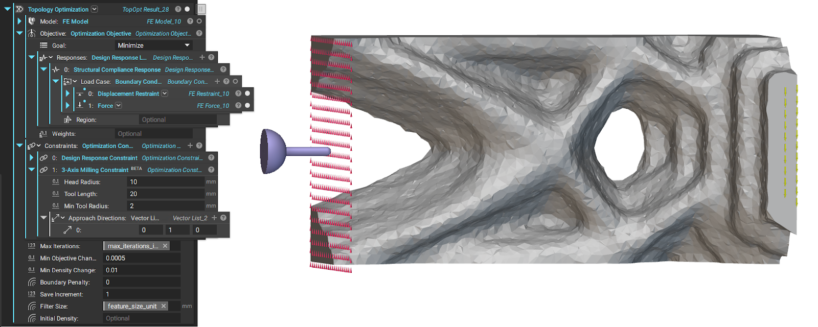 An example of a Topology Optimization run using the 3-Axis Milling Constraint.