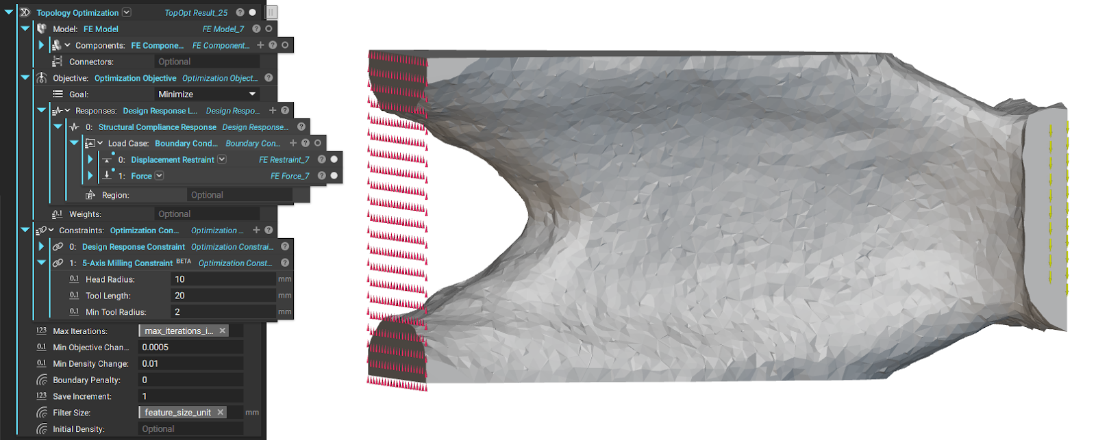 An example of a Topology Optimization run using the 5-Axis Milling Constraint.