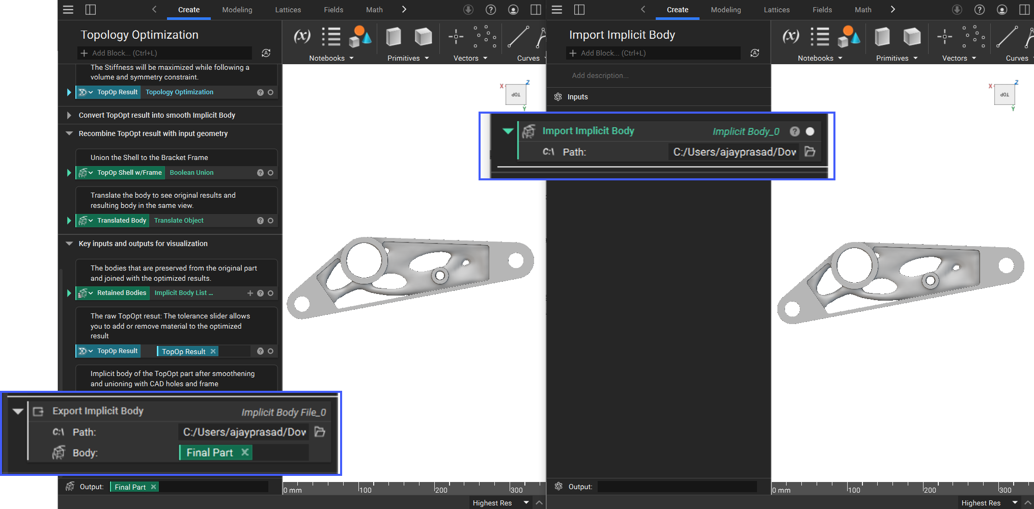 A diagram showing how you can use the Export Implicit Body block to export an implicit from a workflow. You can then open a new workflow, and use the Import Implicit Body block to import the implicit.