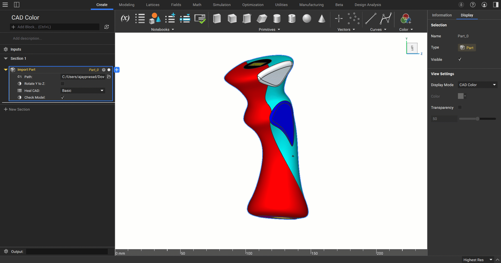 An example of how to change the Import Part display to show the CAD colors instead of the default grey.