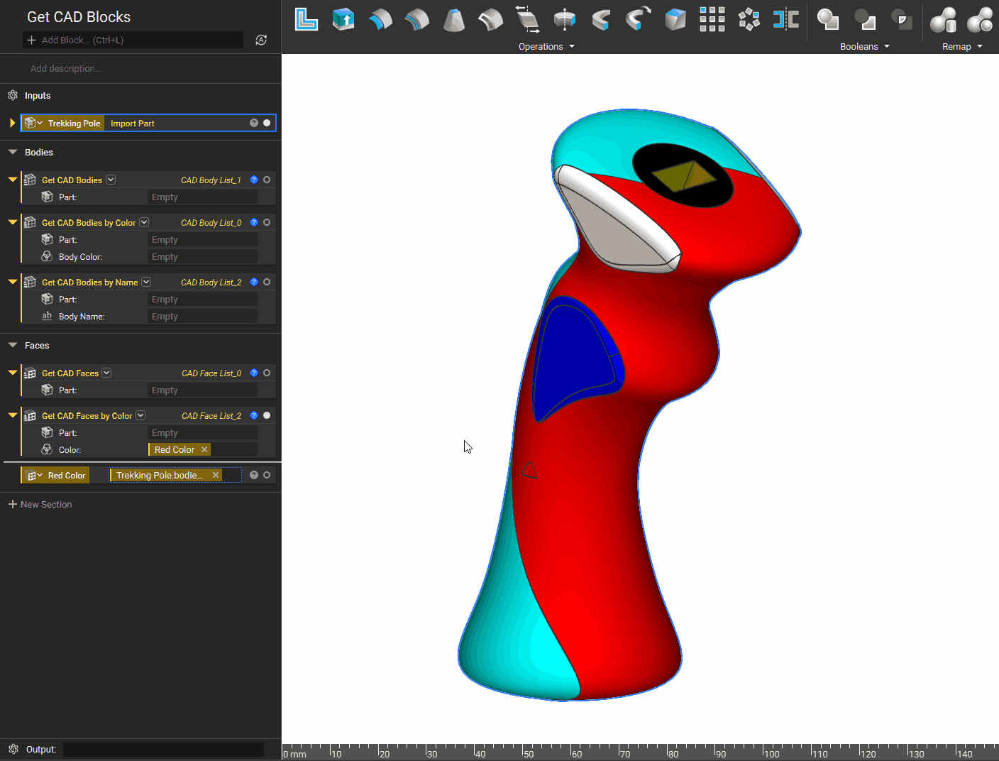 A gif showing an imported CAD part that has many faces of different colors. The Get CAD Faces by Color block extracts the correct faces based on the specified color.