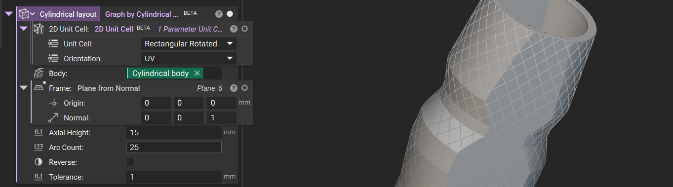 An example of using the Graph by Cylindrical Projection block. The model shows a cylindrical part with a conformal graph structure on its surface.