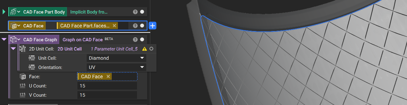 An example of using the Graph on CAD Face block. The model shows a curved CAD Face with a conformal graph structure on its surface.