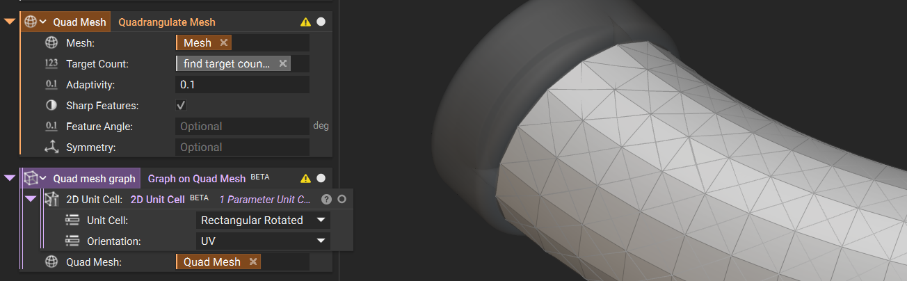 An example of using the Graph on Quad Mesh block. The model shows a cylindrical model that has been quad meshed, with a conformal graph structure on its surface.