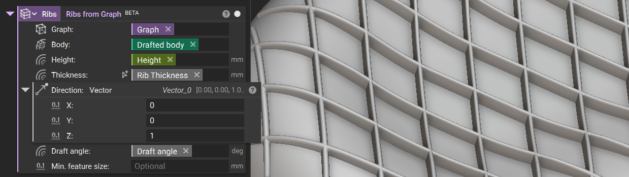 An example of using the Ribs from Graph block. The model shows a wavy surface with a conformal ribs on its surface.