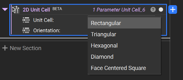The 2D unit cell block with the unit cell input drop down expanded.