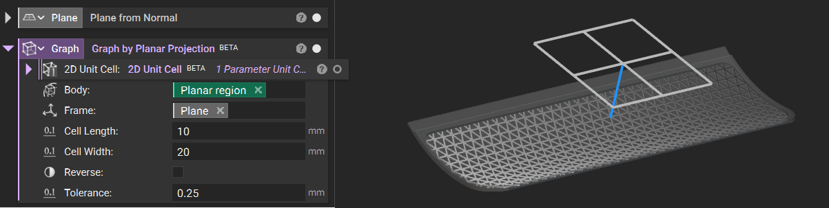 An example of using the Graph by Planar Projection block. The model shows a curved surface below a defined plane. The graph structure follows the curvature of the body it is being projected on.
