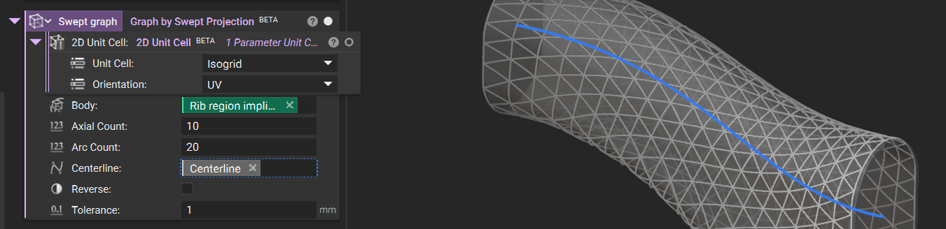 An example of using the Graph by Swept Projection block. The model shows a hollow curved cylindrical part with a conformal graph structure on its surface. There is a center spline traveling through the model that follows the same curvature as the model surface.