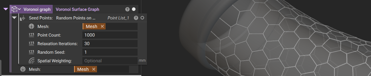 An example of using the Voronoi Surface Graph block. The model shows a cylindrical part with a conformal voronoi graph structure on its surface.