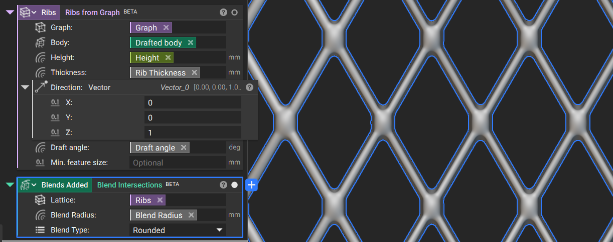 An example of using the Blend Intersections block. The model shows ribs with an added blend radius at the vertices.