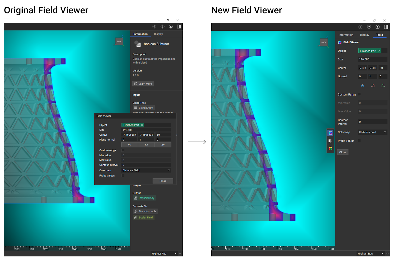 The image on the left shows the field viewer before nTop 5.10. The image on the right shows the new field viewer in nTop 5.10.