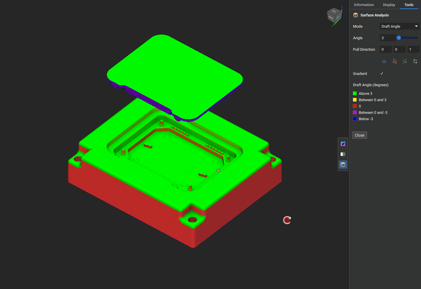 An example of using the surface analysis tool to analyze a part for draft angles.