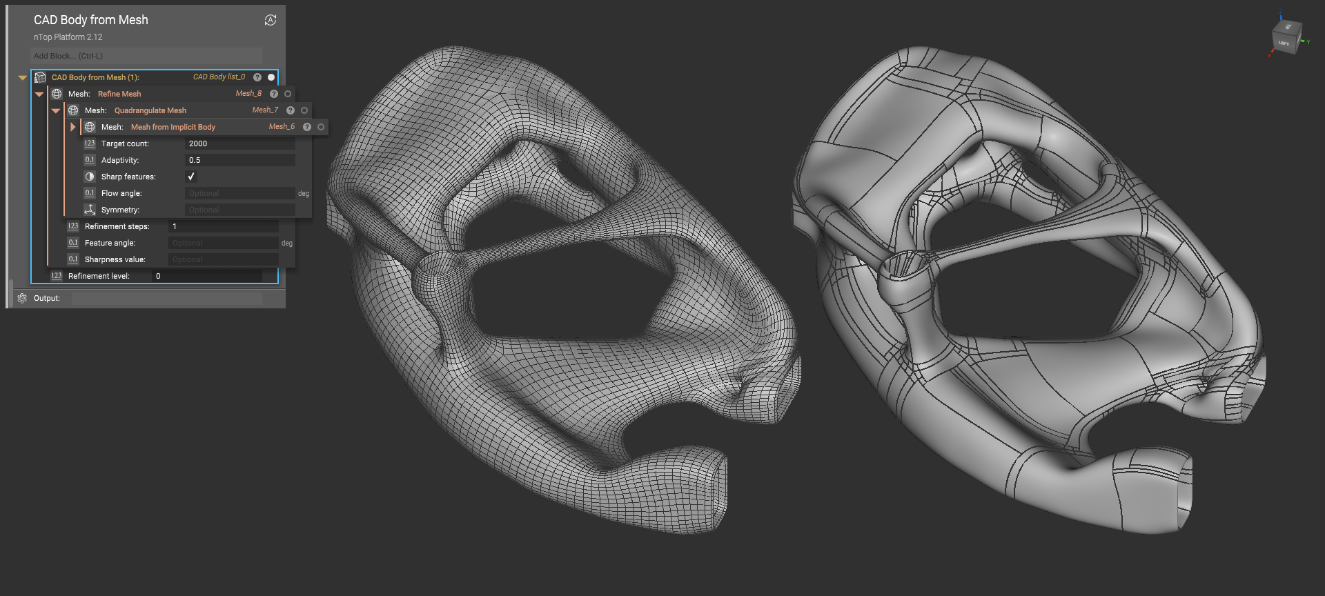 The image shows a side by side of two bodies. The left body is meshed and the right body is a CAD body generated using the CAD Body from Mesh block.