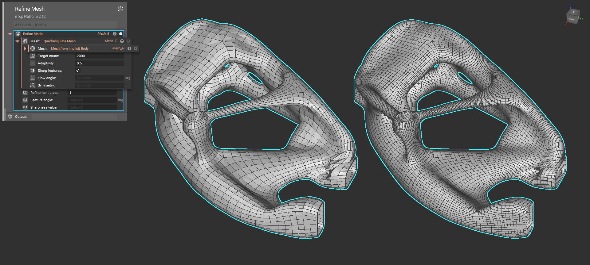 The image shows a side by side of two meshes. The left body is a quad mesh and the right body is a quad mesh with smaller quads generated using the Refine Mesh block.