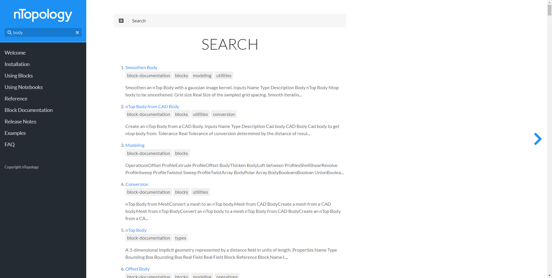 The search bar function in ntop block documentation.