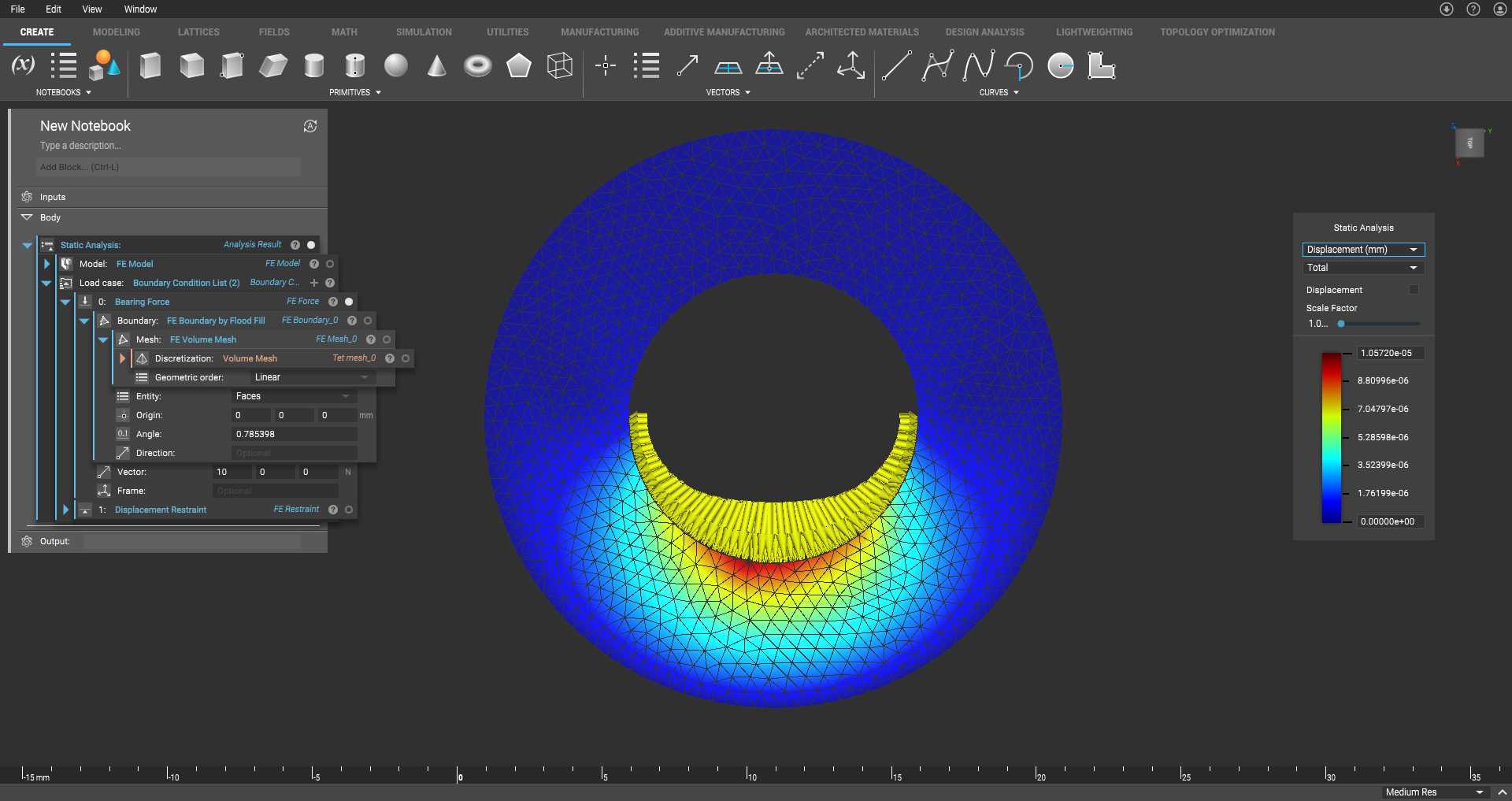 A static analysis simulation run using the Bearing Force block.