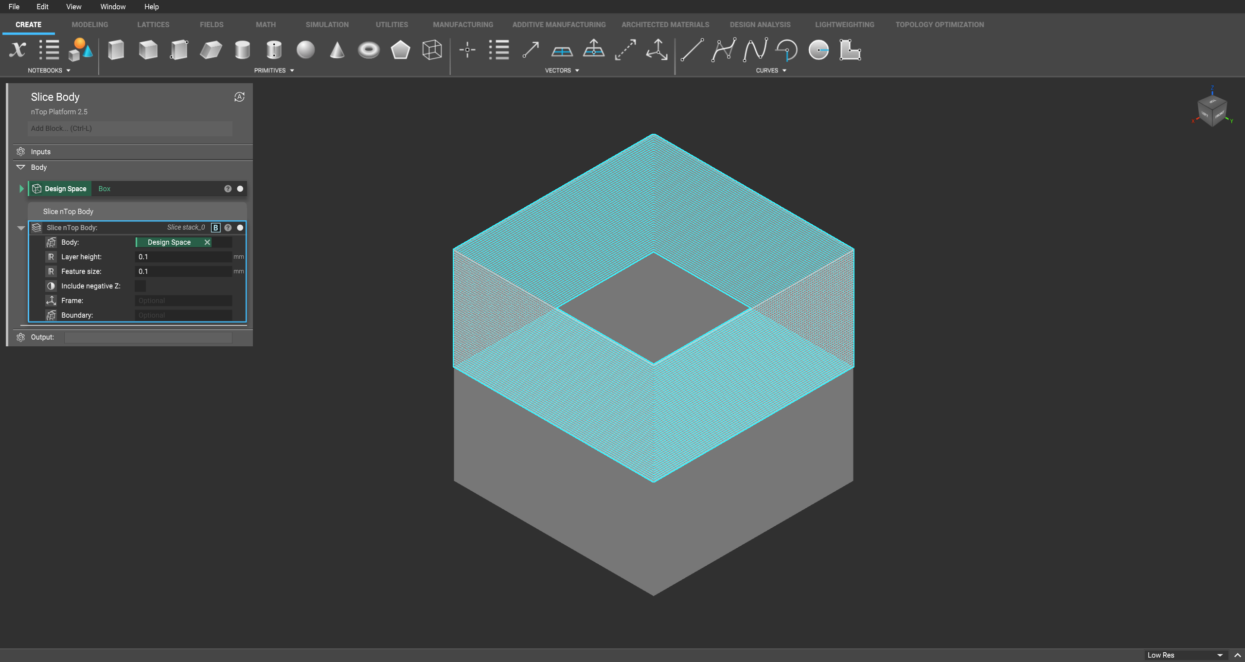 An example of using the Slice Body block on a cube.