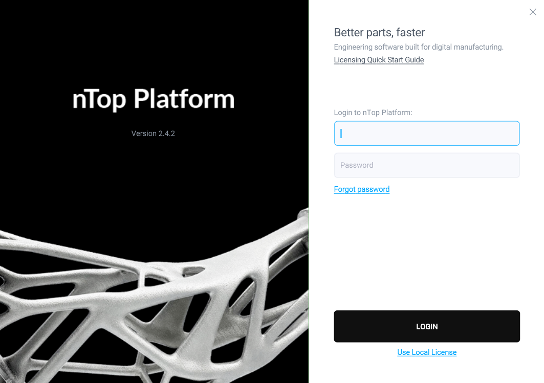 The nTop platform login window.