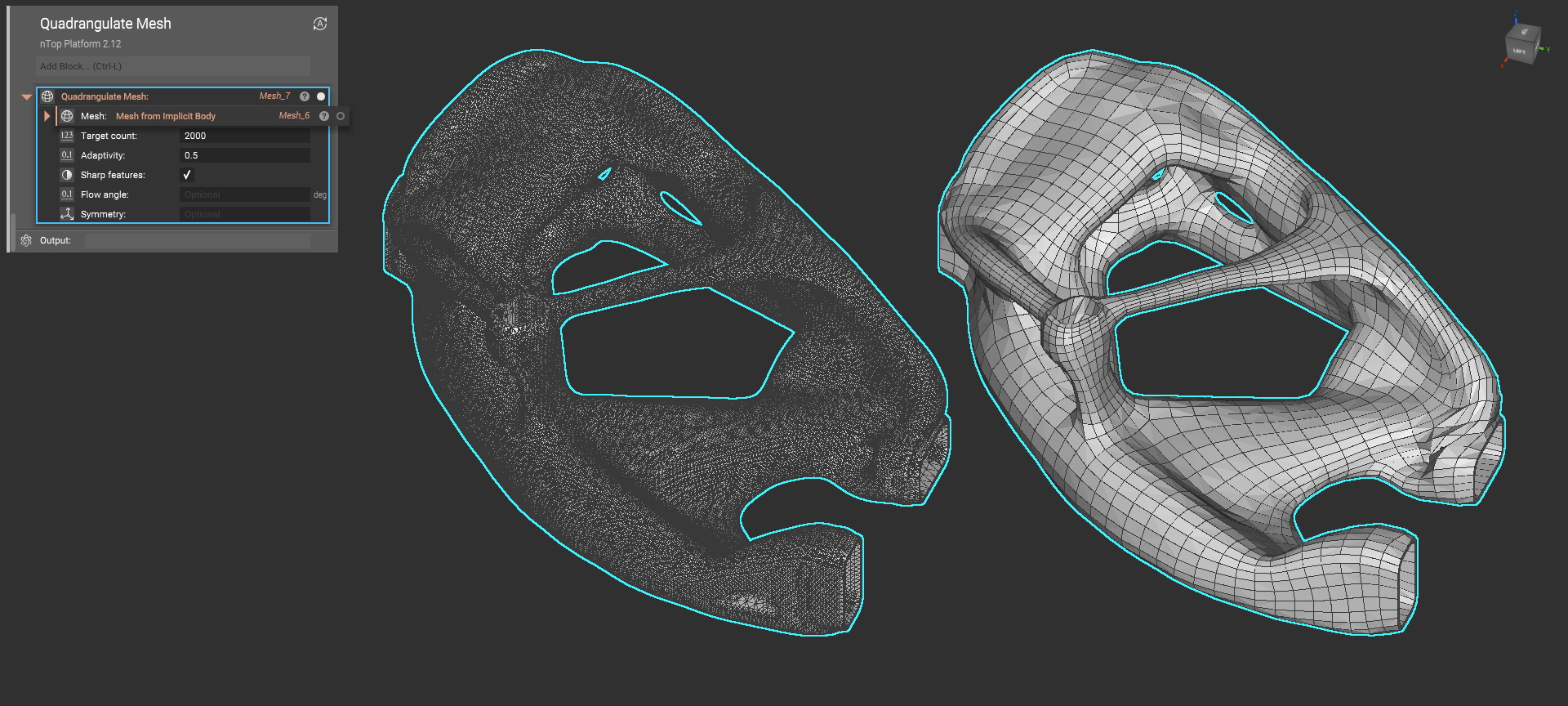The image shows a side by side of two bodies. The left body is a triangular mesh and the right body is a quad mesh generated using the Quadrangulate Mesh block.