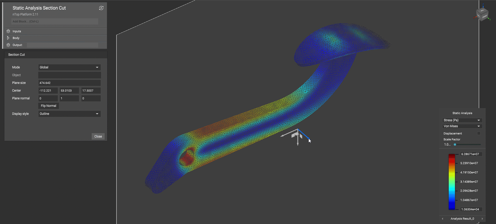 The gif shows how Static Analysis results can now be section cut to analyze the interior results.