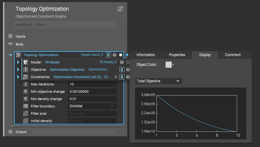 Graphs of the optimization objective and constraints are now visible in the display tab of a completed topology optimization block.