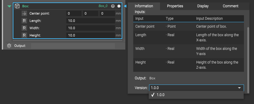 A box block with its properties panel open to the information tab. Here users can select the block version.
