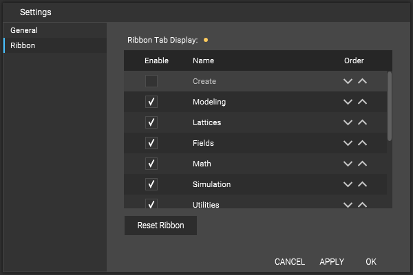 The ntop settings menu open to the ribbon tab. Users can choose which ribbon tabs are visible in their interface.