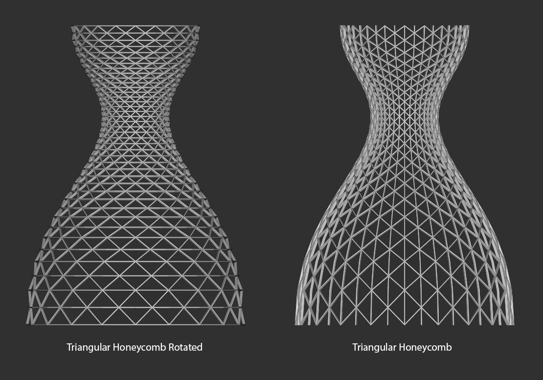We have introduced a new conformal lattice option for Isogrids called “Triangular Honeycomb Rotated”. This new unit type is available in the Conformal Lattice between CAD Faces and the Conformal Lattice from CAD Face blocks. Below is an image of the new Isogrid lattice.