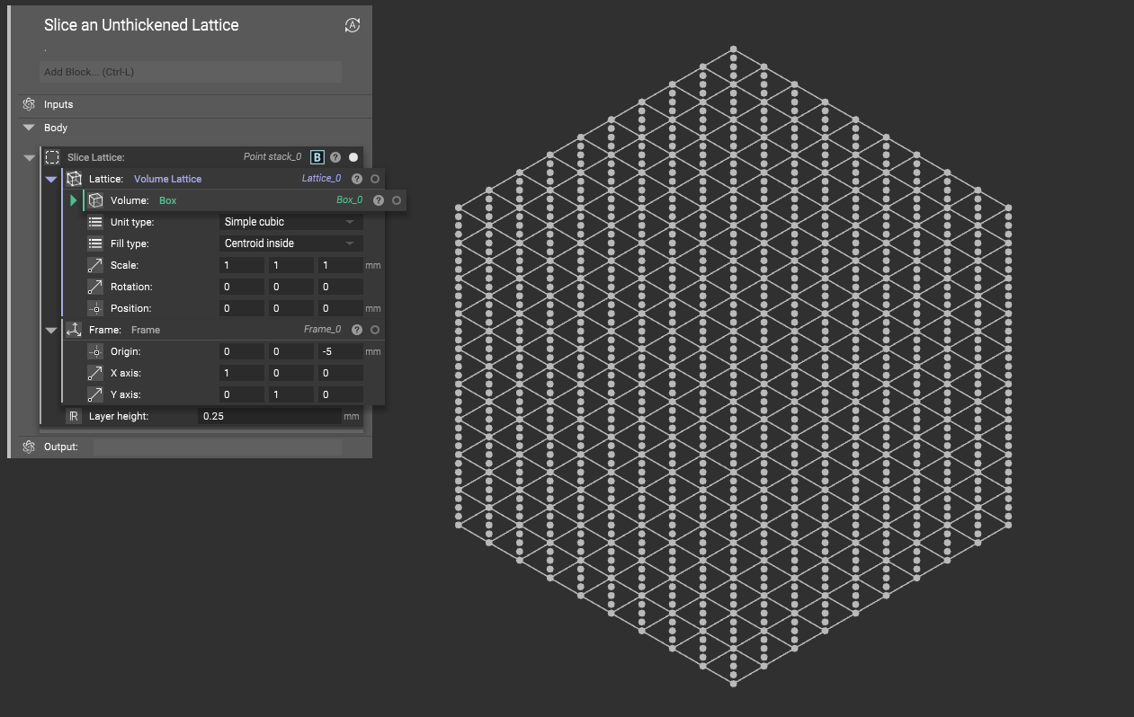 An example of using the Slice Lattice block to slice an unthickened lattice.