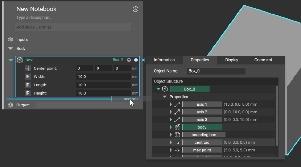 A box block with its properties panel open. You can extract property chips and place them in the notebook.