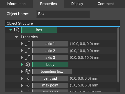 Each block has a properties panel that displays properties of the implicit body.