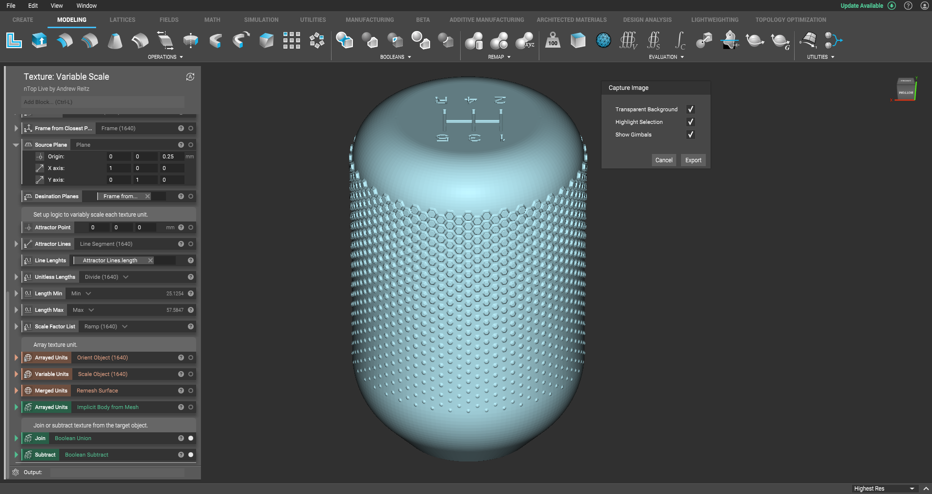 The nTop platform showing an implicit body with the Capture Image window open. You can use Capture Image to take a picture of a model in nTop.