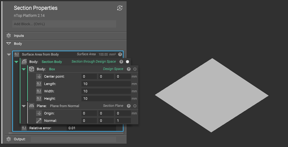 Using the Surface Area from Body block on a Section Body block. This calculates the area of the cross section of the body.