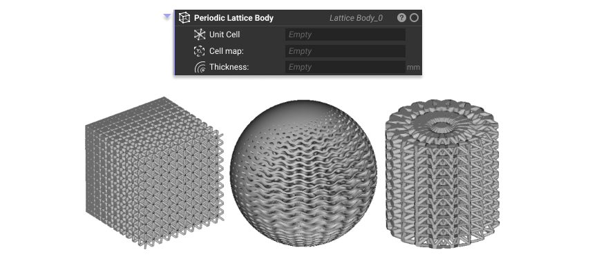The Periodic Lattice Body block, with 3 examples of generating a lattice body.