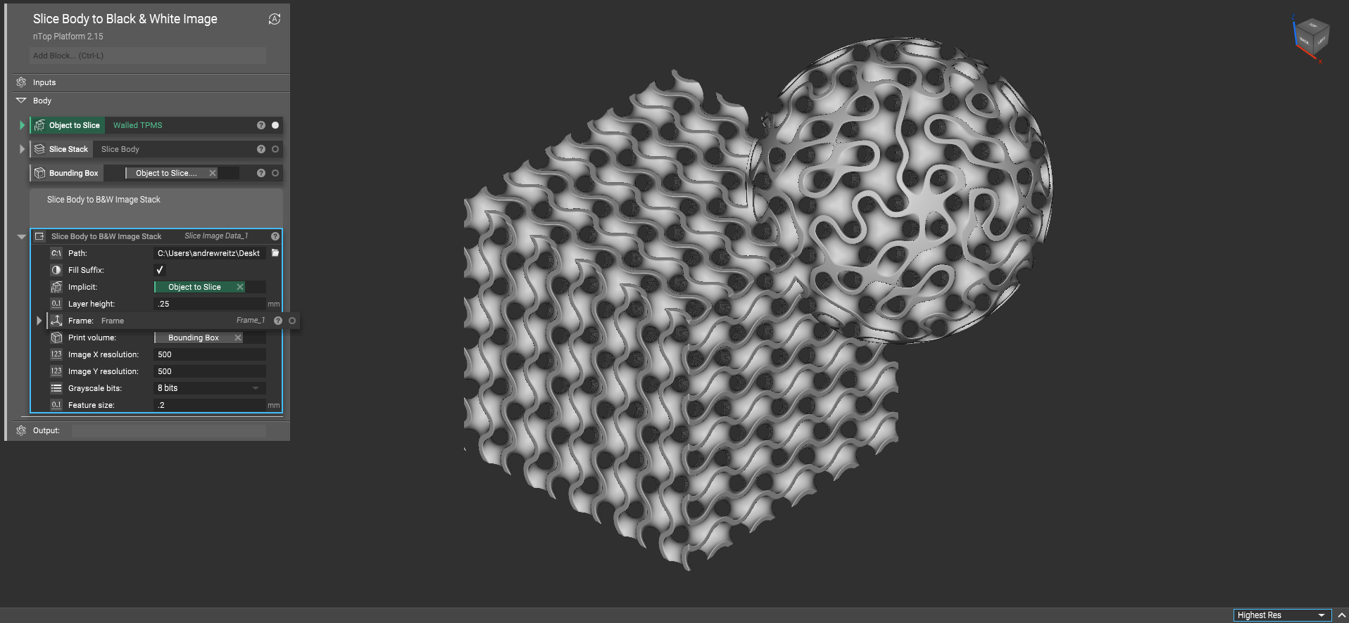 An implicit body being used in the Slice Body to Black & White Image Stack block.