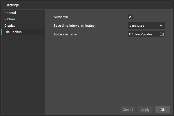 The nTop settings menu open to the file backup tab. Here users can configure the autosave function and the time interval between saves.